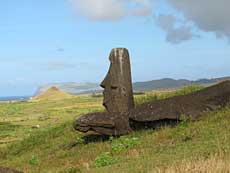 En falden statue med næsen i jorden ved siden af en som skuer over havet og vulkanen i baggrunden.